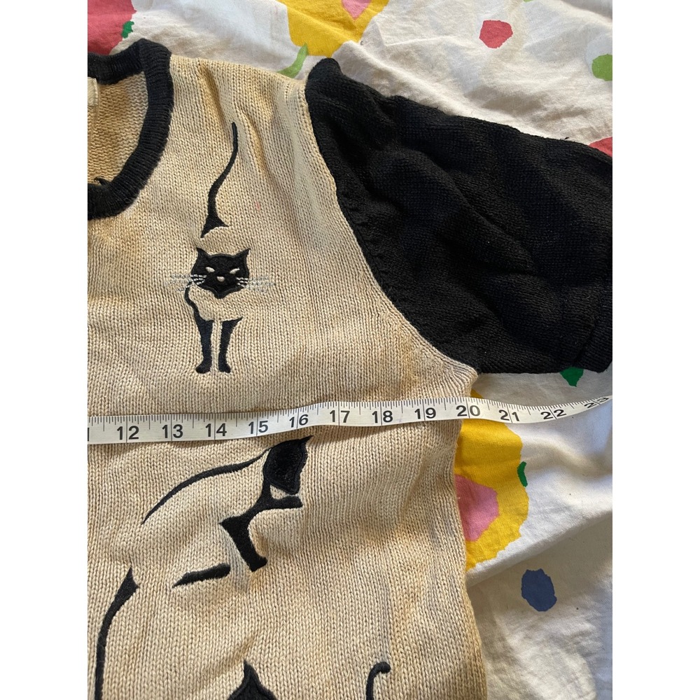 Vintage Cat Embroidered Cardigan Black Cream Size M - Picture 6 of 8